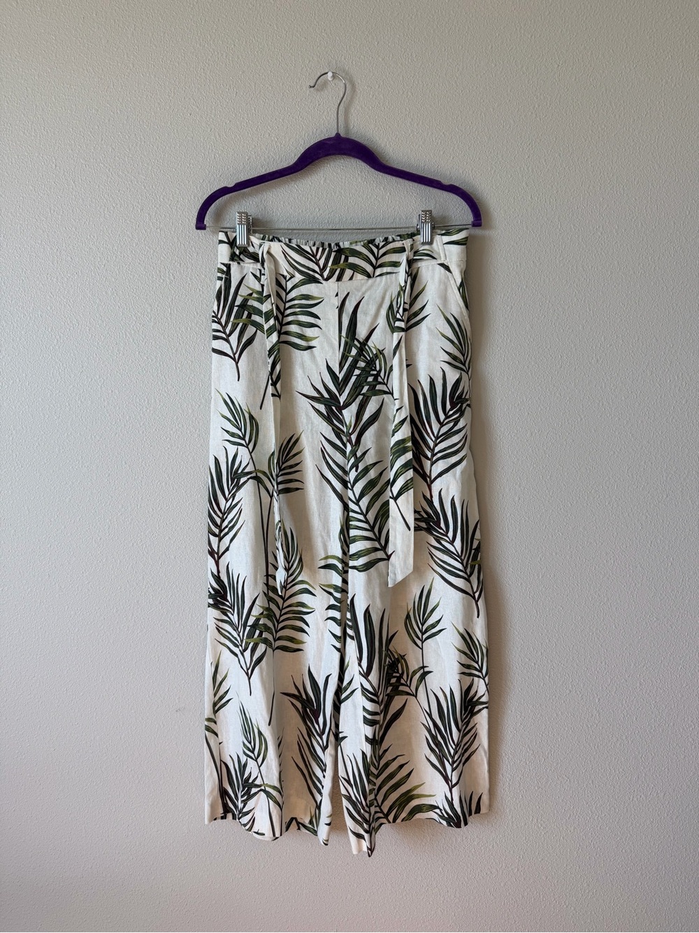 Joie Palm Leaf Print Linen Blend Wide Leg Cropped Pants Tie Waist Cream Size 6